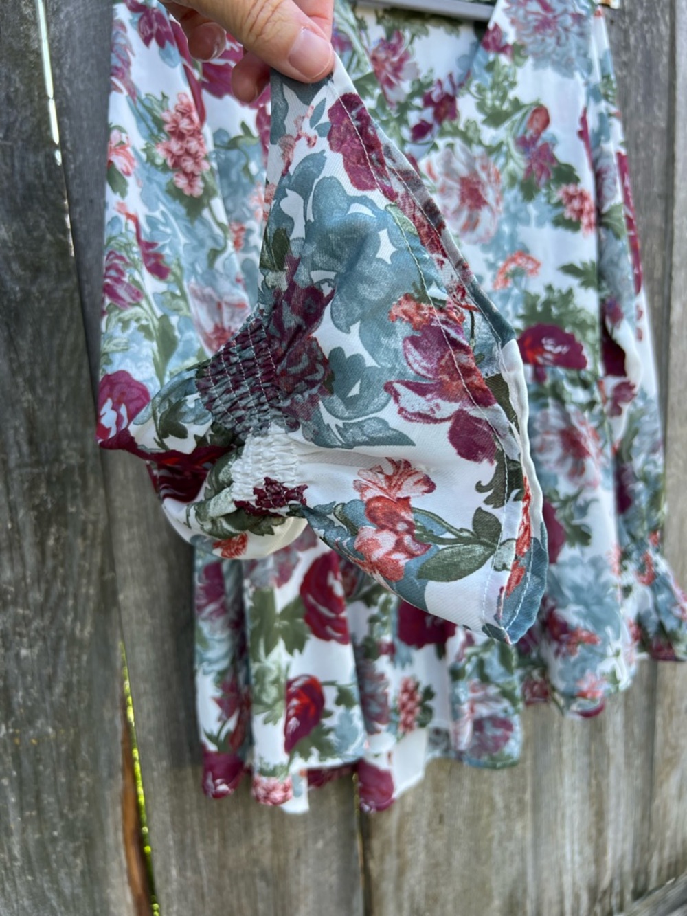 Romantic Floral V-Neck Peplum Blouse in White, Burgundy & Sage - Picture 3 of 6